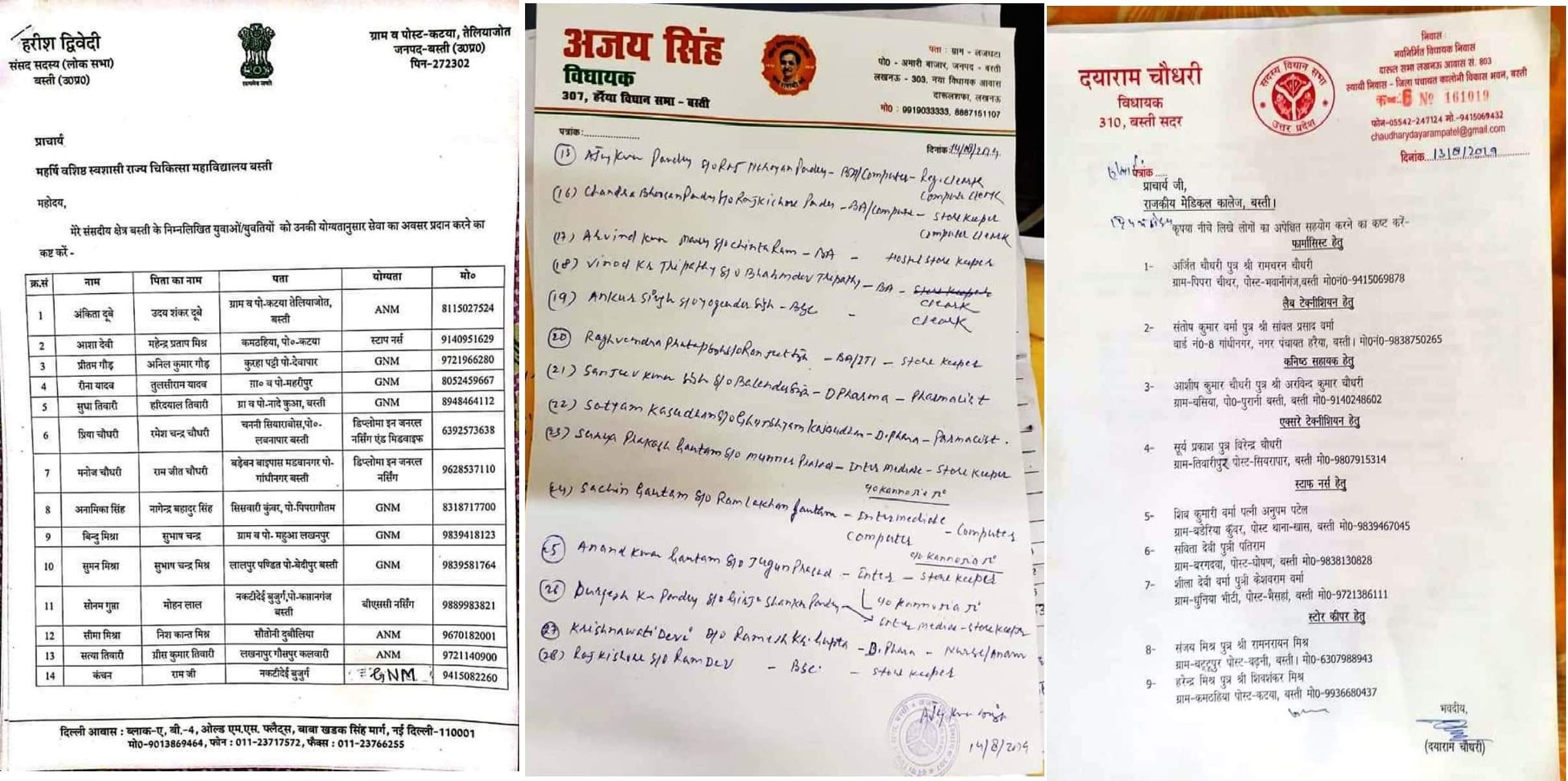 बस्ती मेडिकल कालेज में भर्ती के नाम पर जनप्रतिनिधियों के सिफारिशी पत्रों से हड़कम्प